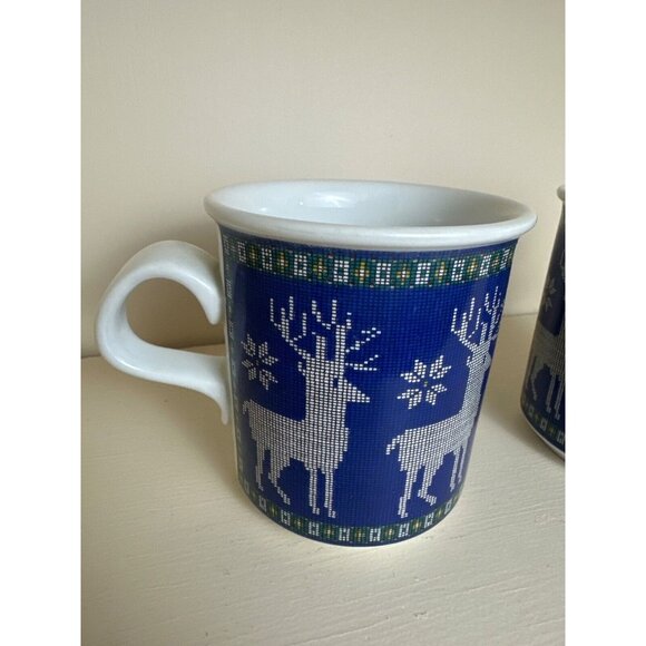 Set Of 2 Dansk Designs Stoneware Blue Reindeer Mugs 10 Oz - Picture 3 of 5